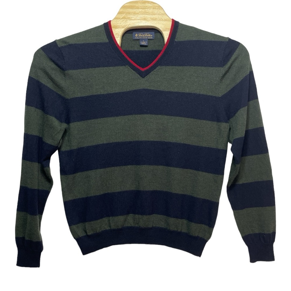 Brooks Brothers 100% Merino Wool Navy and Green Striped V Neck Sweater Men's L